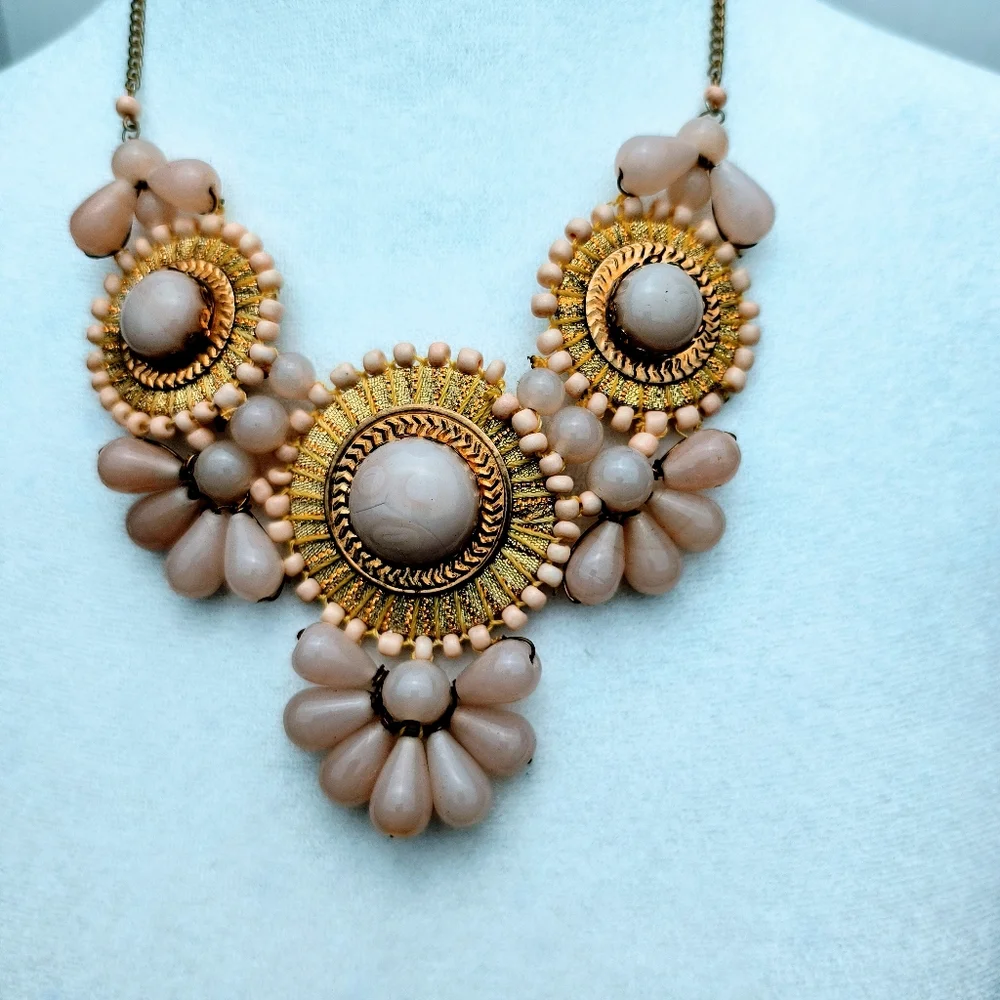 Vintage Floral Statement Bib Necklace Peach/Gold Neutral Bib Faux
